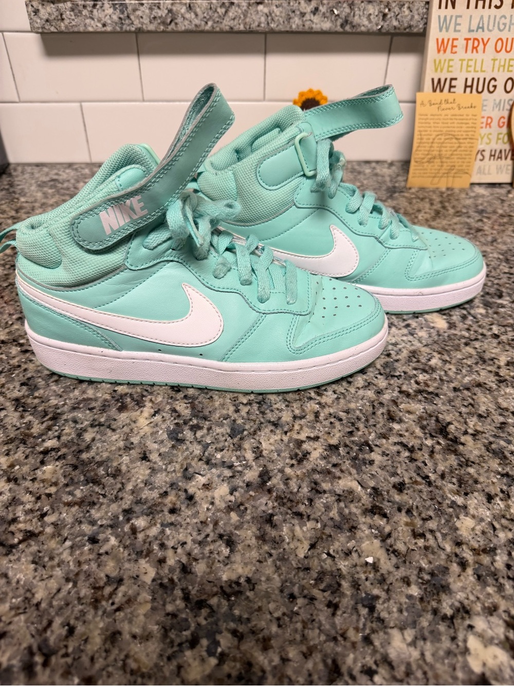 Nike Kids Mint Green High-Top Sneakers with White Swoosh